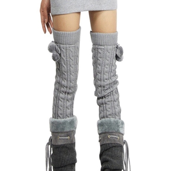 Knit Thigh High Leg Warmers with Pom Poms - Picture 7 of 8